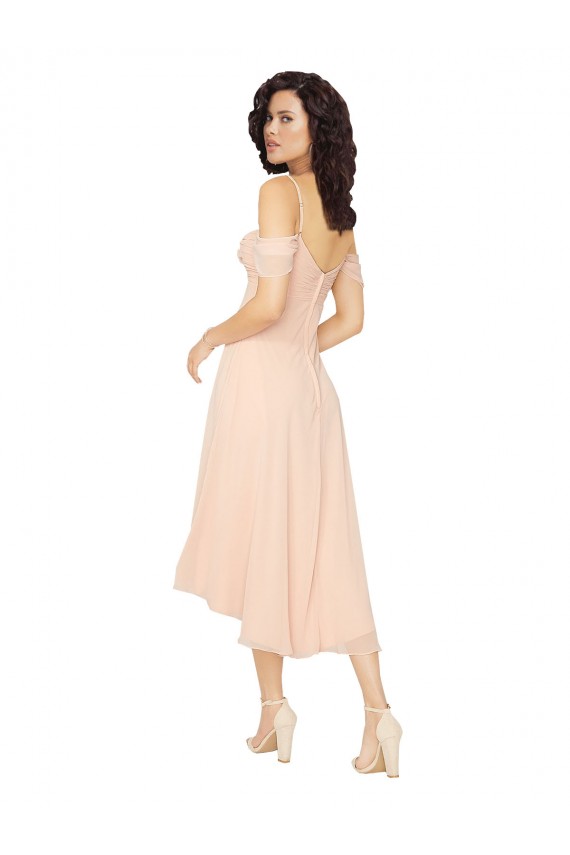 Midi Length Cold Shoulder Soft Chiffon Ice Pink A-Line High Low Bridesmaid Dress Edmonton