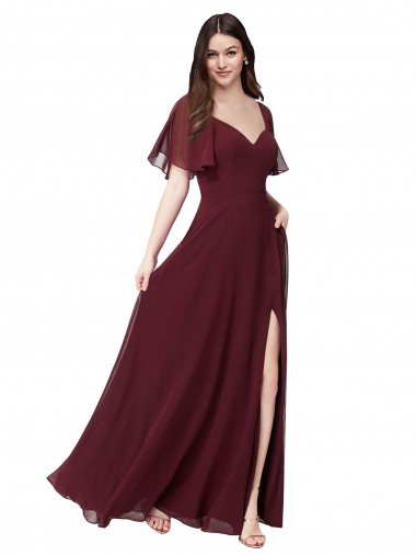 Long Short Flutter Sleeves Soft Chiffon Burgundy Gold A-Line Formal Dress / Bridesmaid Dress Edmonton
