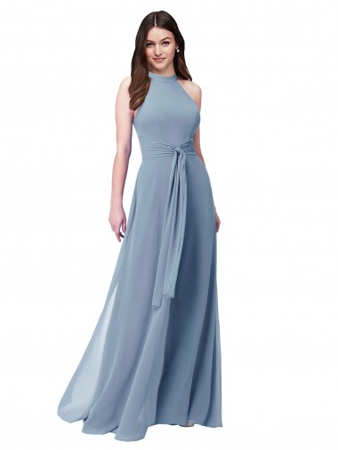 Long Sleeveless Chiffon Dusty Blue A-Line Bridesmaid Formal Dress Edmonton