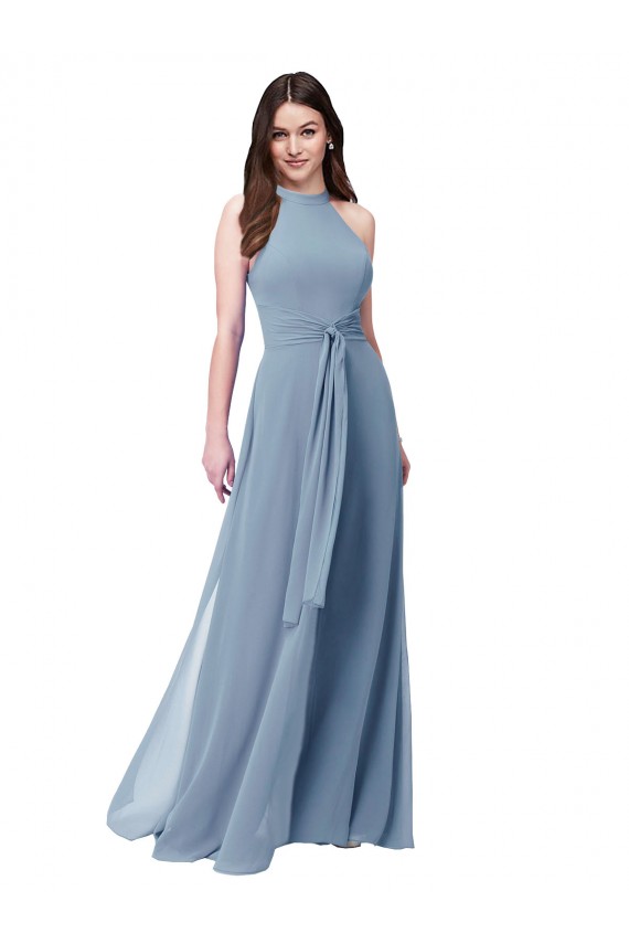 Long Sleeveless Chiffon Dusty Blue A-Line Bridesmaid Formal Dress Edmonton