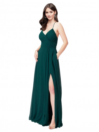 Long Sleeveless Chiffon Hunter Green A-Line Wedding Party Dress Edmonton