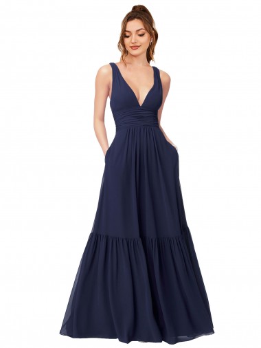 Long Full Length Sleeveless Chiffon Dark Navy A-Line Evening Gowns / Bridesmaid Dress Edmonton