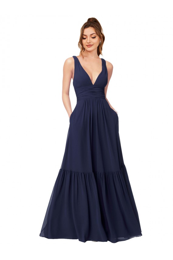 Long Full Length Sleeveless Chiffon Dark Navy A-Line Evening Gowns / Bridesmaid Dress Edmonton
