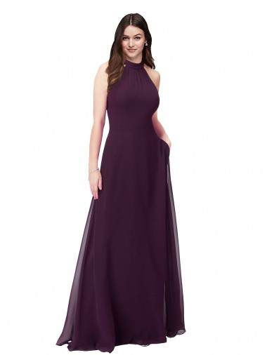 Long Sleeveless Soft Chiffon Grape Halter Neck A-Line Bridesmaid Dress Edmonton