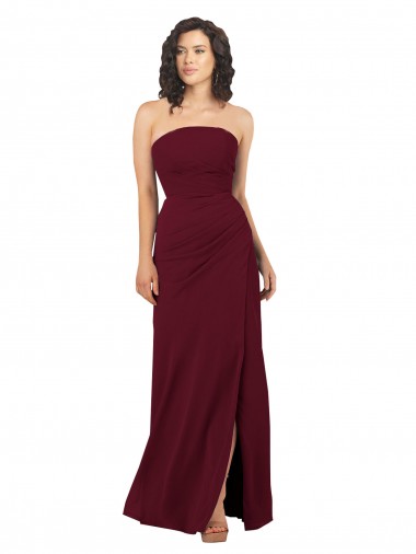 Long Sleeveless Soft Chiffon Burgundy Strapless Sheath Bridesmaid Dress Edmonton
