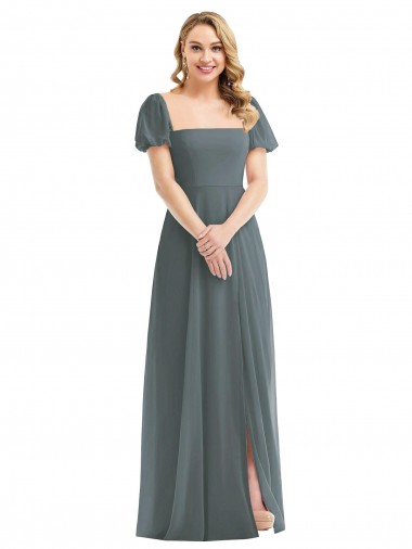 Long Puff Sleeves Soft Chiffon Slate Grey A-Line Semi Formal Evening Dress / Bridesmaid Dress Edmonton