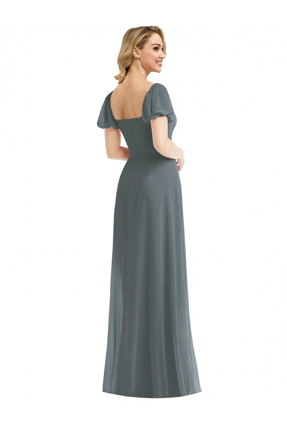 Long Puff Sleeves Soft Chiffon Slate Grey A-Line Semi Formal Evening Dress / Bridesmaid Dress Edmonton