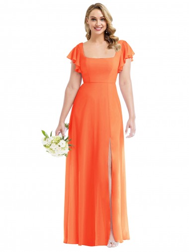 Long Flutter Sleeves Soft Chiffon Tangerine Tango A-Line Semi Formal Evening Dress / Bridesmaid Dress Edmonton