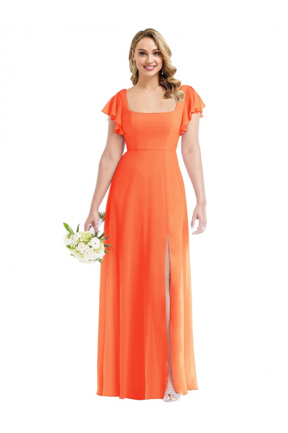 Long Flutter Sleeves Soft Chiffon Tangerine Tango A-Line Semi Formal Evening Dress / Bridesmaid Dress Edmonton