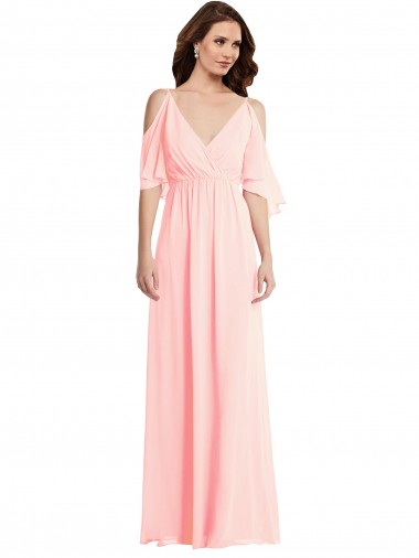 Long Cold Shoulder Soft Chiffon Pink A-Line Semi Formal Evening Dress / Bridesmaid Dress Edmonton