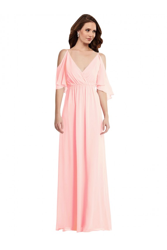 Long Cold Shoulder Soft Chiffon Pink A-Line Semi Formal Evening Dress / Bridesmaid Dress Edmonton