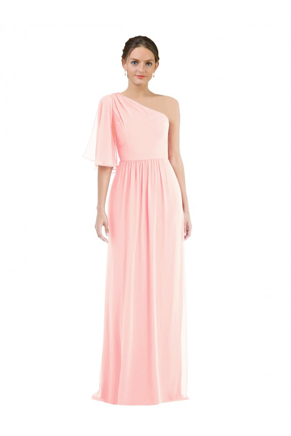 Long Bell Sleeves Soft Chiffon Pink A-Line Semi Formal Evening Dress / Bridesmaid Dress Edmonton