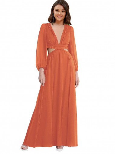 Long Long Sleeves Soft Chiffon Firecracker A-Line High Low Evening Gown / Bridesmaid Dress Edmonton