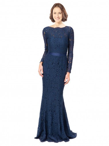 Sweep Train Long Sleeves Lace Dark Navy Mermaid, Sheath Bridesmaid Dress Edmonton