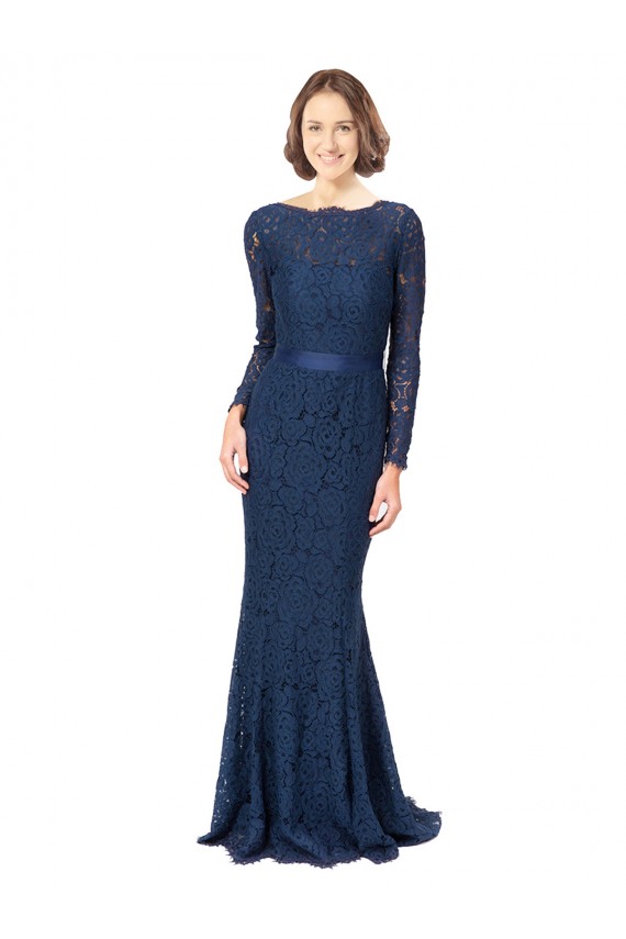 Sweep Train Long Sleeves Lace Dark Navy Mermaid, Sheath Bridesmaid Dress Edmonton