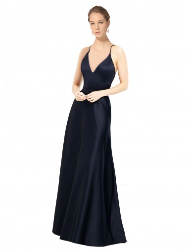 Long Sleeveless Satin Dark Navy A-Line Prom Dress / Bridal Party Dress Edmonton