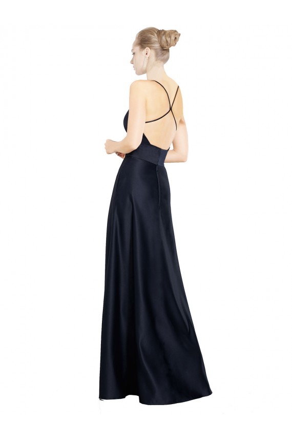 Long Sleeveless Satin Dark Navy A-Line Prom Dress / Bridal Party Dress Edmonton