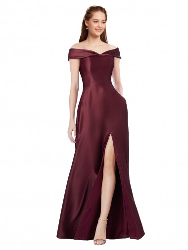 Long Cap Sleeves Satin Burgundy Gold A-Line Black Tie Evening Gown / Prom Dress / Bridesmaid Dress Edmonton