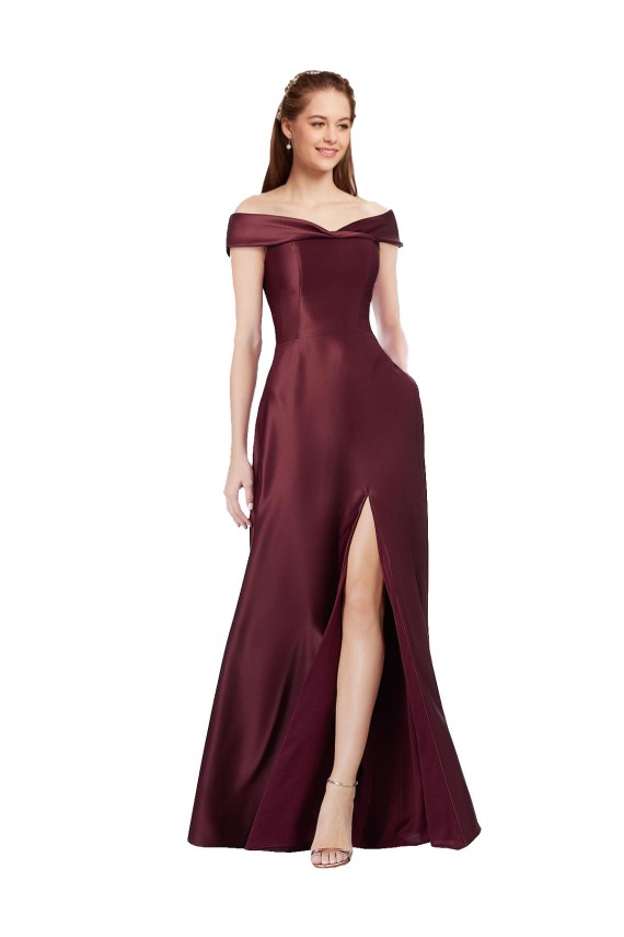 Long Cap Sleeves Satin Burgundy Gold A-Line Black Tie Evening Gown / Prom Dress / Bridesmaid Dress Edmonton
