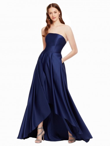 Long Sleeveless Satin Dark Navy A-Line High Low Evening Gown / Prom Dress / Bridesmaid Dress Edmonton