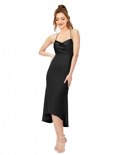 Midi Length Sleeveless Silk like Satin Black Sheath High Low Evening Gown / Prom Dress / Bridesmaid Dress Edmonton