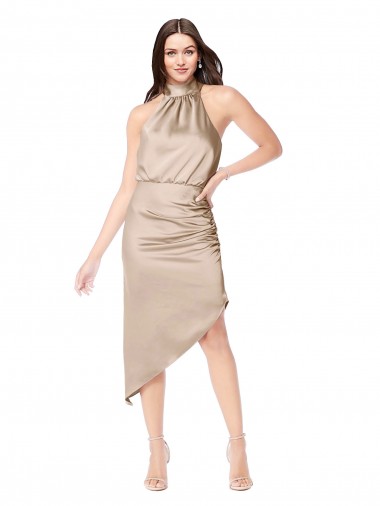 Midi Length Sleeveless Silk like Satin Champagne Pink A-Line High Low Prom Dress / Bridesmaid Dress Edmonton