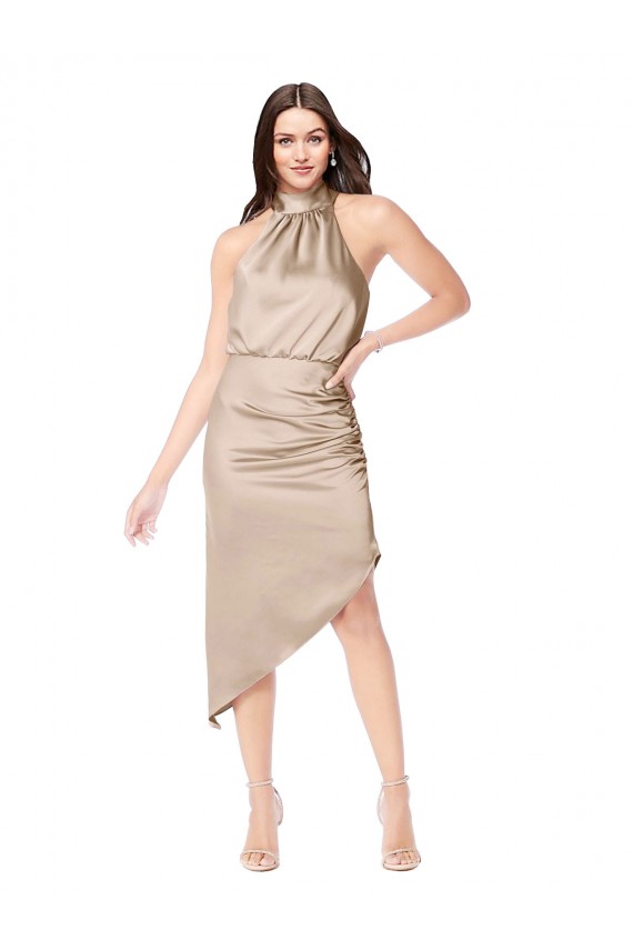 Midi Length Sleeveless Silk like Satin Champagne Pink A-Line High Low Prom Dress / Bridesmaid Dress Edmonton