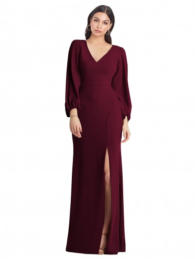 Long Puff Sleeves Stretch Crepe Burgundy Gold Trumpet Semi Formal Evening Dress / Prom Dress / Bridesmaid Dress Edmonton