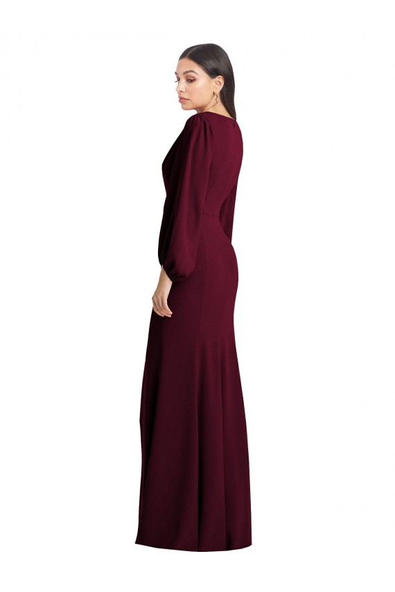 Long Puff Sleeves Stretch Crepe Burgundy Gold Trumpet Semi Formal Evening Dress / Prom Dress / Bridesmaid Dress Edmonton