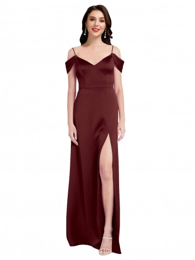 Long Sleeveless Stretch Satin Burgundy Gold A-Line Formal Dress / Bridesmaid Dress Edmonton