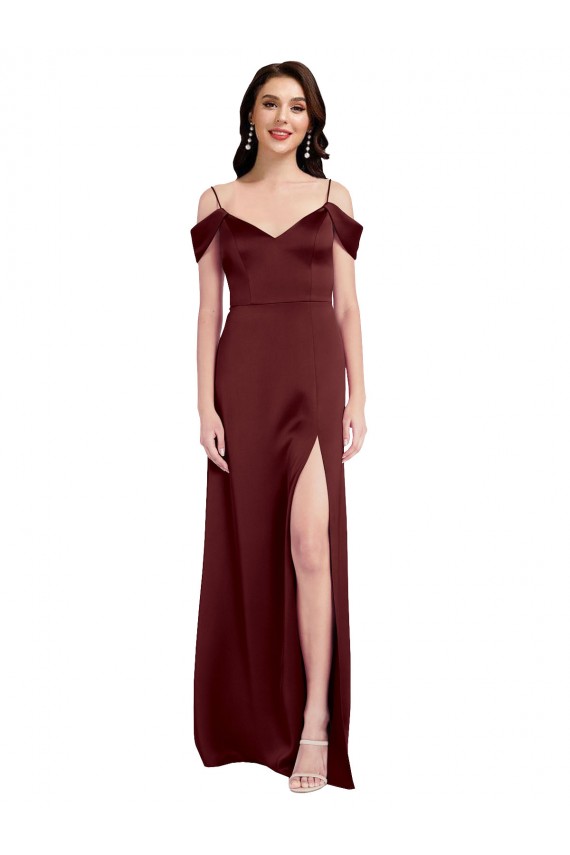 Long Sleeveless Stretch Satin Burgundy Gold A-Line Formal Dress / Bridesmaid Dress Edmonton