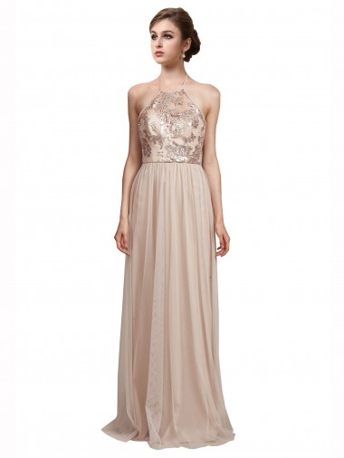 Long Sleeveless Tulle Nude A-Line Bridesmaid Dress Edmonton