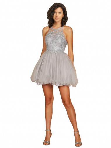 Short Sleeveless Tulle Silver A-Line Bridesmaid Dress Edmonton