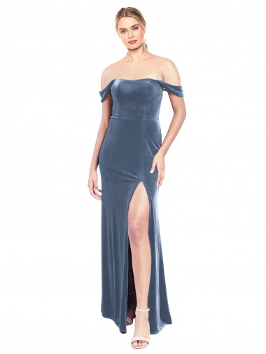 Long Sleeveless Stretch Velvet Dusty Blue A-Line Prom Dress / Bridesmaid Dress Edmonton