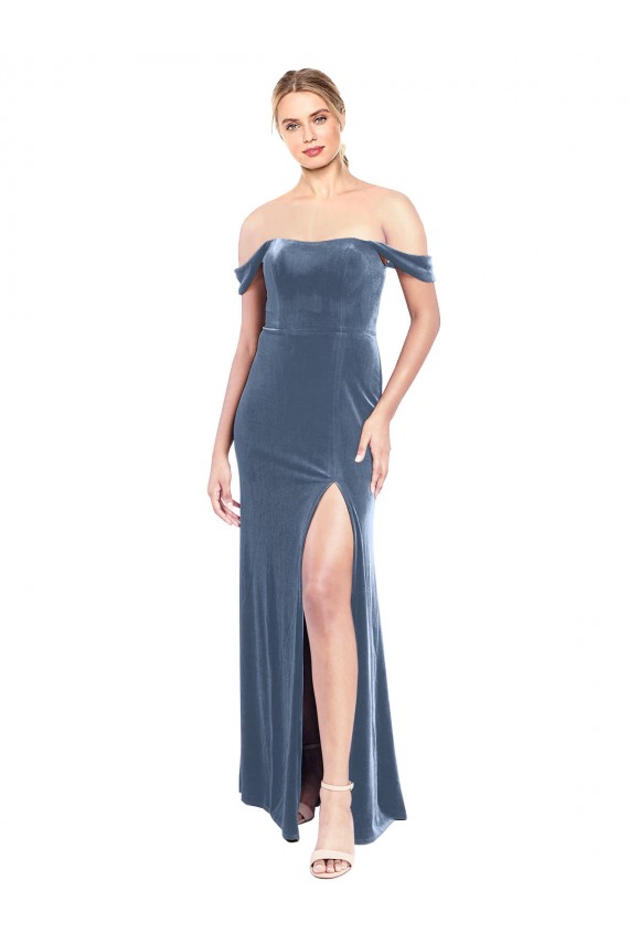 Long Sleeveless Stretch Velvet Dusty Blue A-Line Prom Dress / Bridesmaid Dress Edmonton