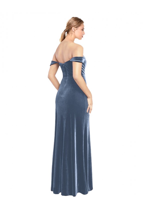 Long Sleeveless Stretch Velvet Dusty Blue A-Line Prom Dress / Bridesmaid Dress Edmonton
