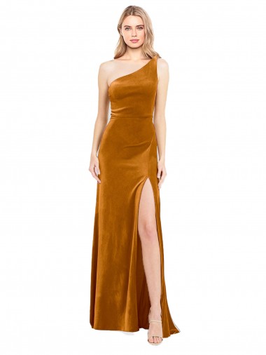 Long Sleeveless Stretch Velvet Gold One Shoulder A-Line Formal Evening Gown / Prom Dress / Bridesmaid Dress Edmonton