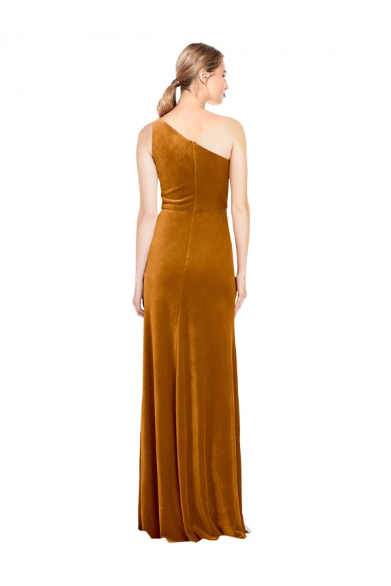 Long Sleeveless Stretch Velvet Gold One Shoulder A-Line Formal Evening Gown / Prom Dress / Bridesmaid Dress Edmonton