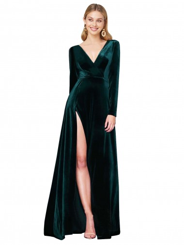Sweep Train Long Sleeves Stretch Velvet Dark Green A-Line Black Tie Evening Gown / Prom Dress / Bridesmaid Dress Edmonton