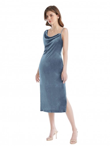 Long Sleeveless Stretch Velvet Dusty Blue Sheath Semi Formal Evening Dress / Prom Dress / Bridesmaid Dress Edmonton