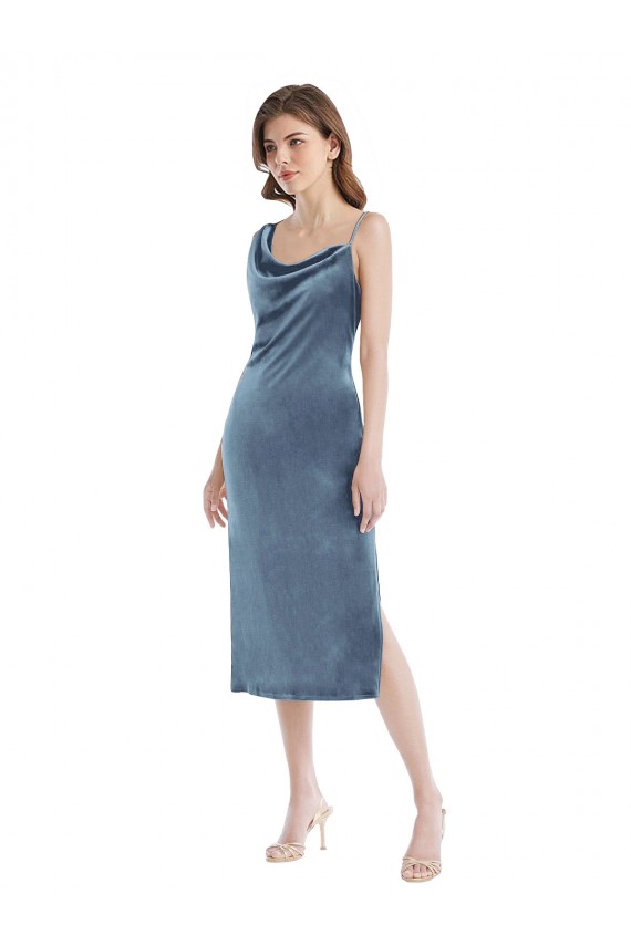 Long Sleeveless Stretch Velvet Dusty Blue Sheath Semi Formal Evening Dress / Prom Dress / Bridesmaid Dress Edmonton