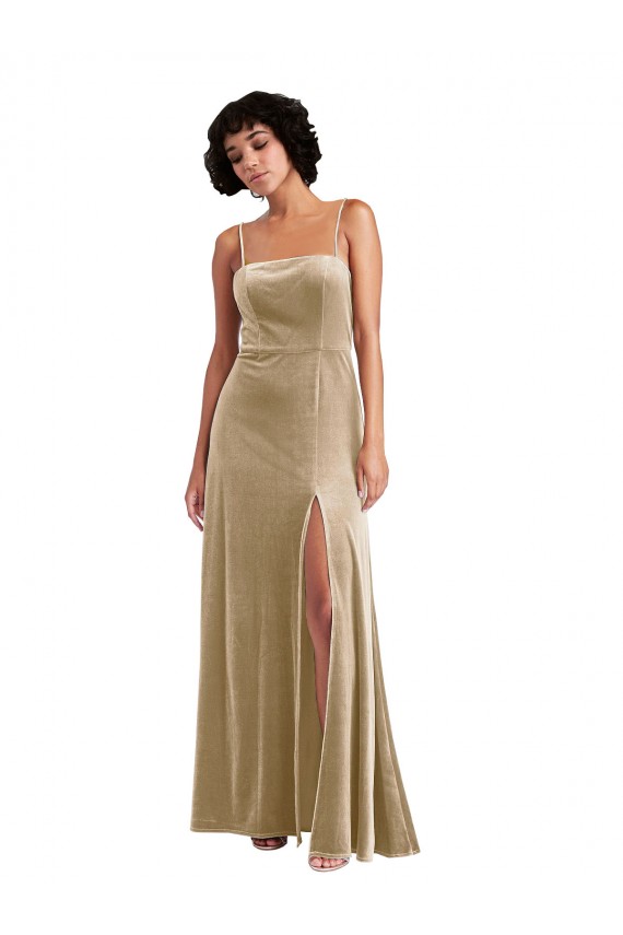 Long Sleeveless Stretch Velvet Champagne A-Line Formal Evening Gown / Prom Dress / Bridesmaid Dress Edmonton