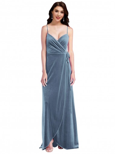 Long Sleeveless Stretch Velvet Dusty Blue A-Line Semi Formal Evening Dress / Prom Dress / Bridesmaid Dress Edmonton