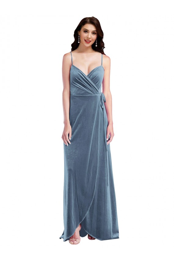 Long Sleeveless Stretch Velvet Dusty Blue A-Line Semi Formal Evening Dress / Prom Dress / Bridesmaid Dress Edmonton