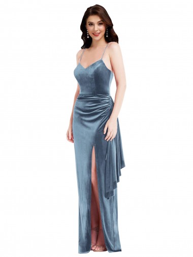 Long Sleeveless Stretch Velvet Dusty Blue Trumpet Formal Evening Gown / Prom Dress / Bridesmaid Dress Edmonton