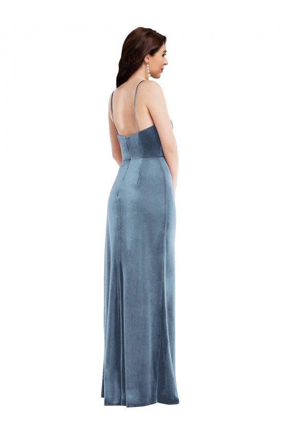 Long Sleeveless Stretch Velvet Dusty Blue Trumpet Formal Evening Gown / Prom Dress / Bridesmaid Dress Edmonton