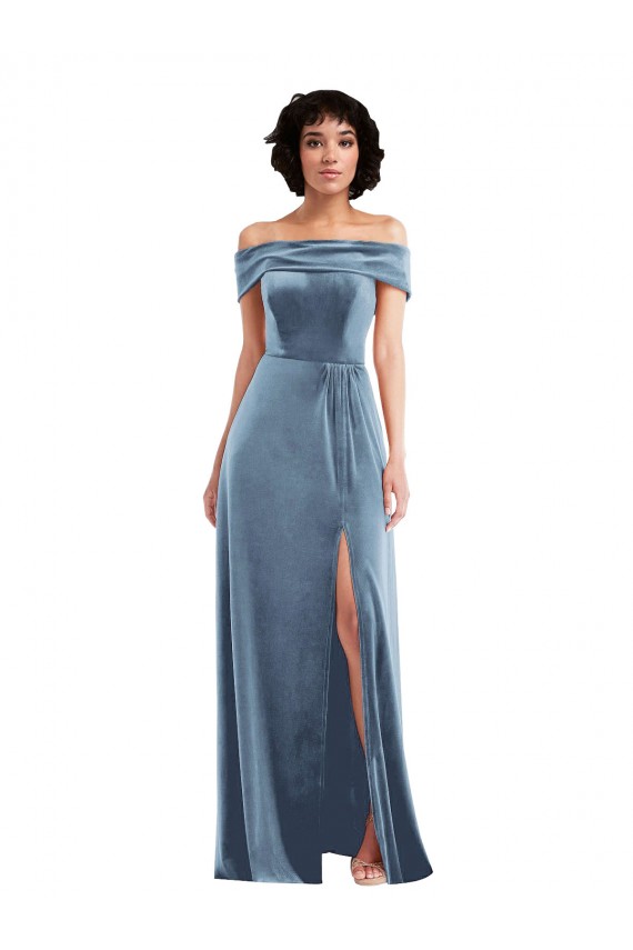 Long Sleeveless Stretch Velvet Dusty Blue Off the Shoulder A-Line Semi Formal Evening Dress / Prom Dress / Bridesmaid Dress Edmonton