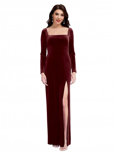 Long Long Sleeves Stretch Velvet Burgundy A-Line Prom Dress / Bridesmaid Dress Edmonton