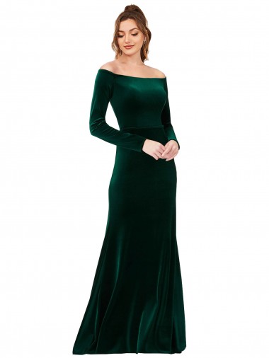 Long Long Sleeves Stretch Velvet Dark Green Sheath Formal Evening Gown / Prom Dress / Bridesmaid Dress Edmonton