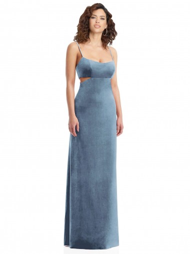 Long Sleeveless Stretch Velvet Dusty Blue Square Neck Sheath Formal Evening Gown / Prom Dress / Bridesmaid Dress Edmonton